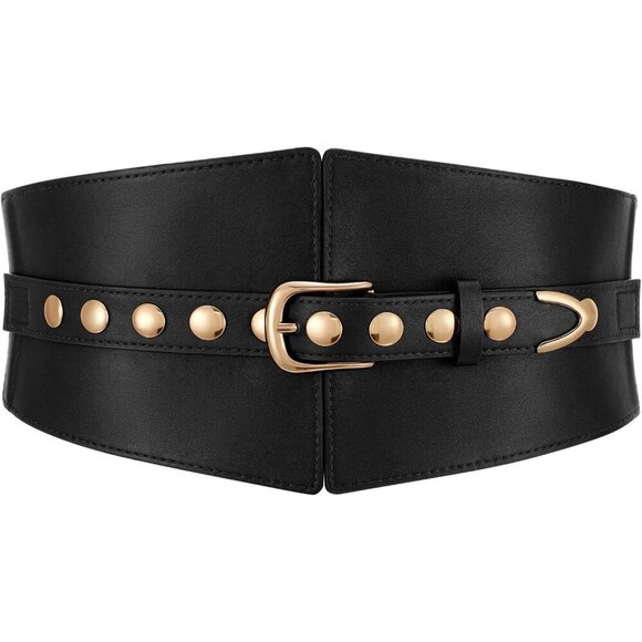 Women Elastic Chunky Stretchy Elegance Belt with Gold Rivets Buckle Daily Black main image 5